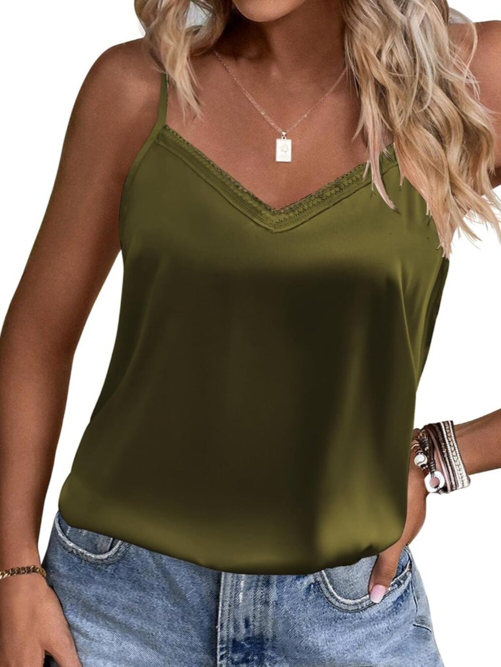 Women's Lace Silk Satin Pajama Tank Tops V Neck Camisole S-3XL